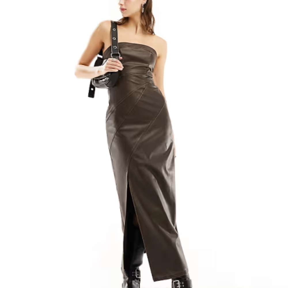 Brown Strapless Faux Leather Dress